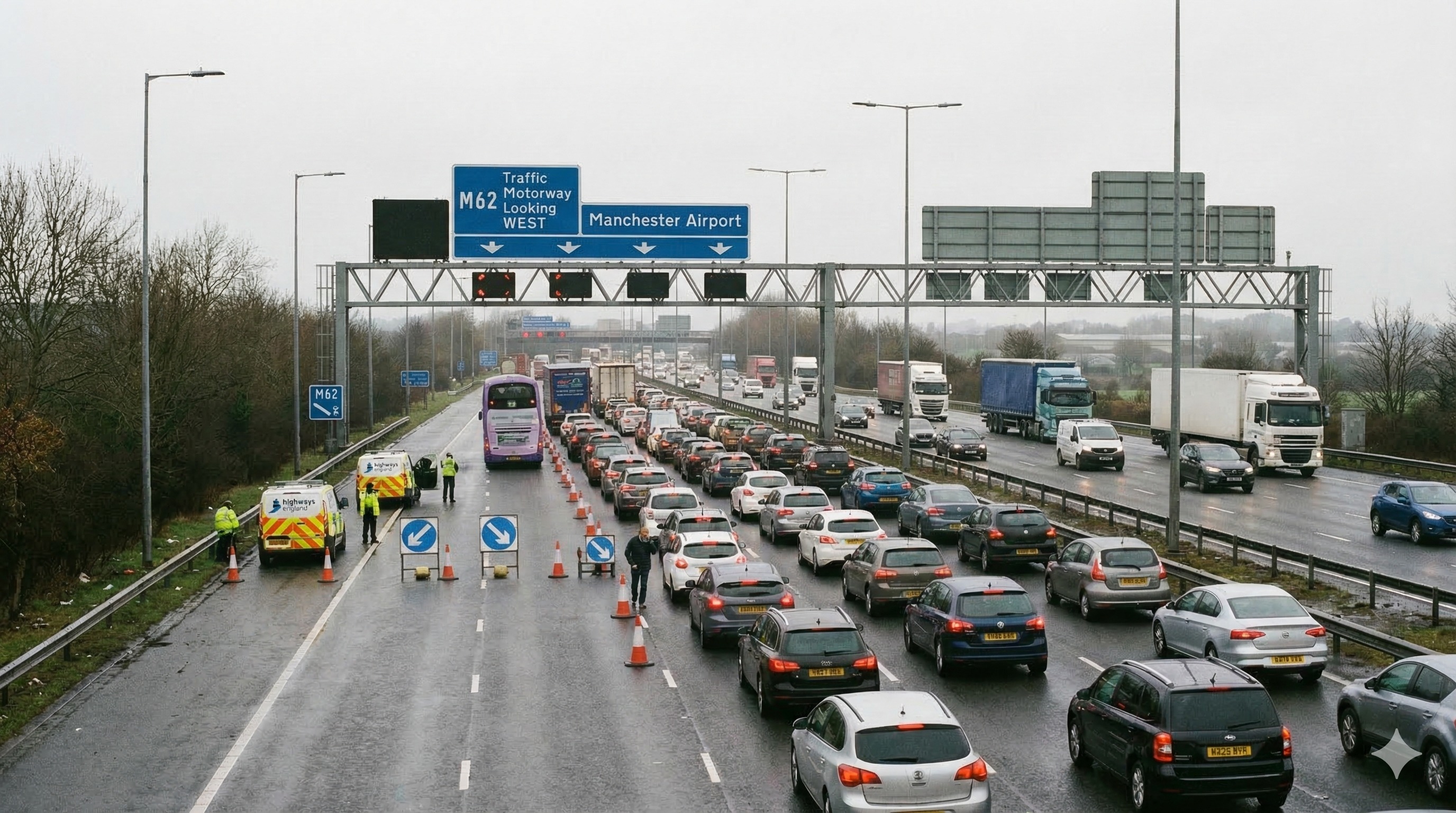 Heavy traffic backed up on the M62 Motorway